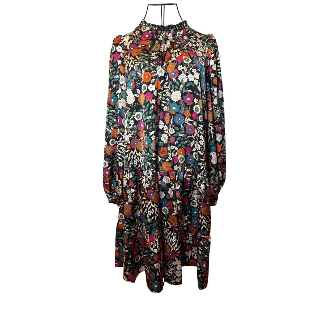 Maia Women Floral High Neck Tiered Shift Dress Long Sleeve Black Multi Size 6